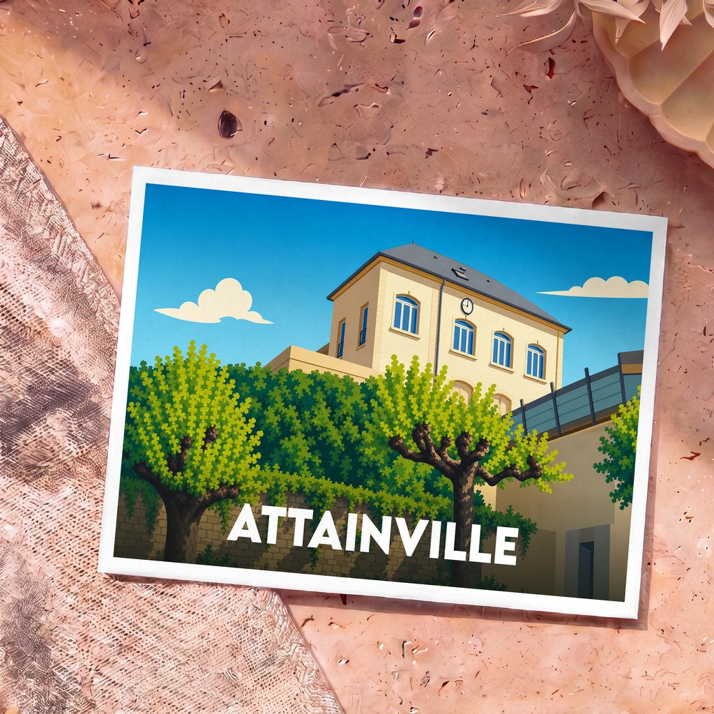 Carte postale souvenir de la ville de Attainville avec une illustration stylisée de sa mairie.