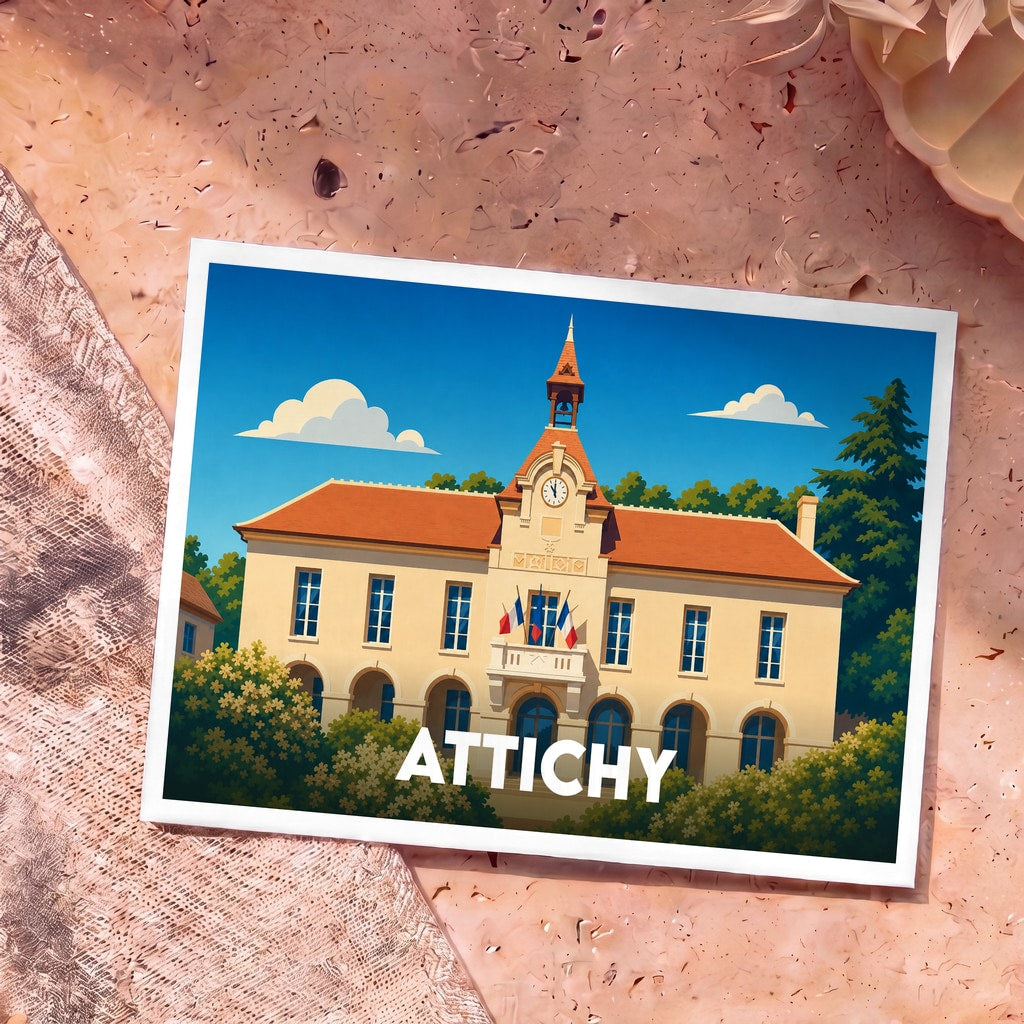 Carte postale souvenir de la ville d'Attichy avec une illustration stylisée de sa mairie.