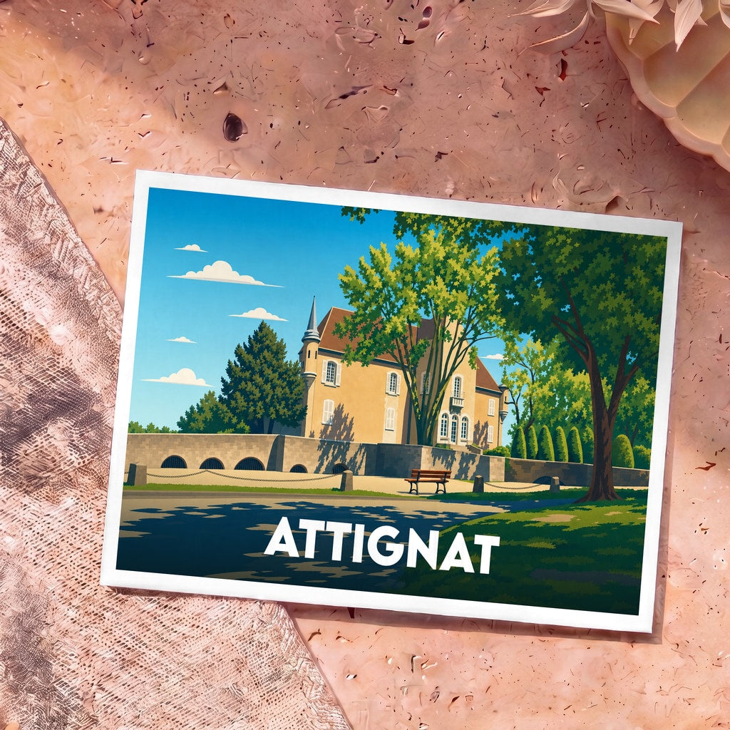 Carte postale souvenir de la ville d'Attignat présentant une illustration stylisée de son château sous un ciel bleu ensoleillé.