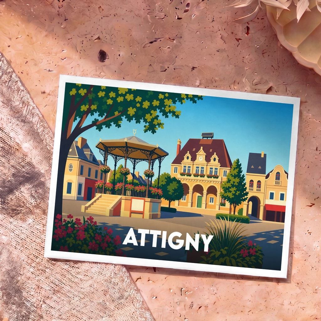 Carte postale souvenir de la ville d'Attigny présentant une illustration stylisée de sa place principale avec son kiosque à musique.