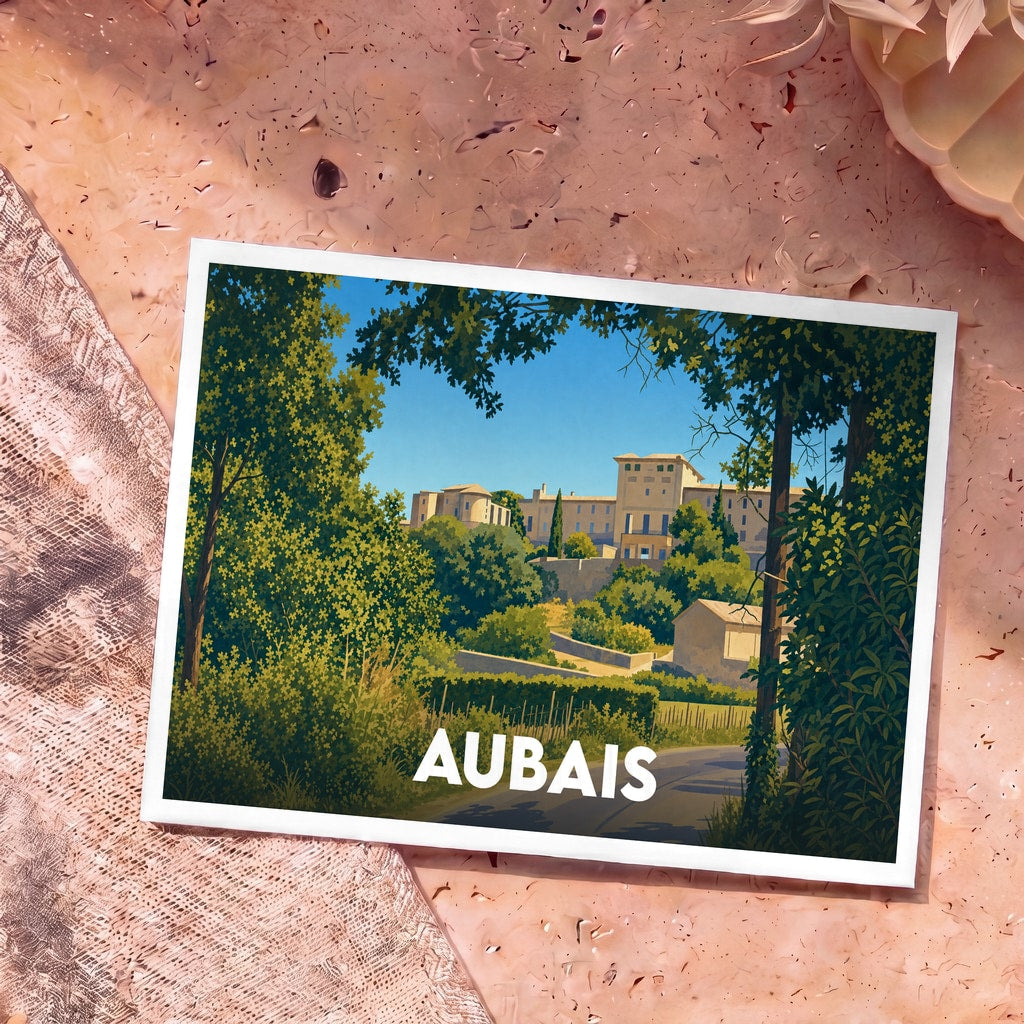 Carte postale souvenir de la ville d'Aubais avec une illustration stylisée de son château et de sa végétation.