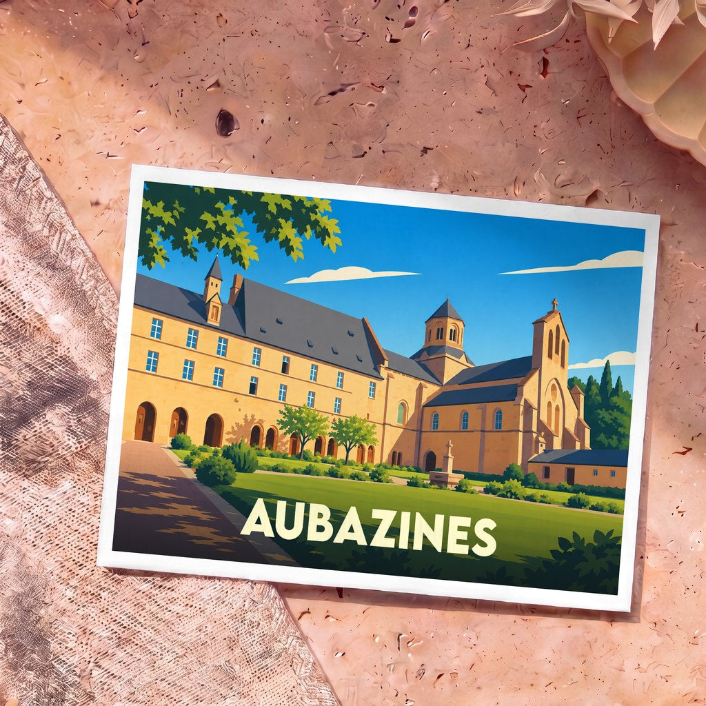 Carte postale souvenir de la ville d'Aubazines avec une illustration stylisée de son abbaye cistercienne.