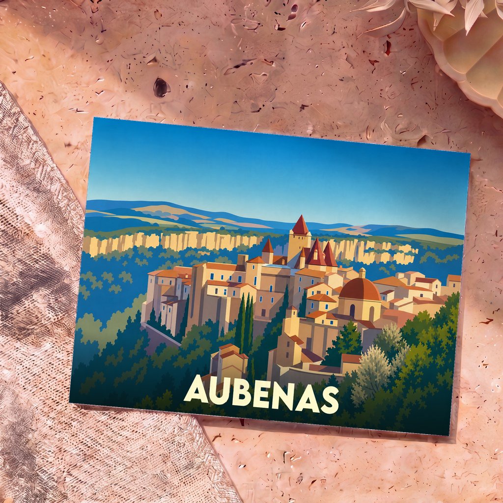 Carte postale souvenir de la ville d'Aubenas avec une illustration stylisée et colorée de ses monuments historiques.