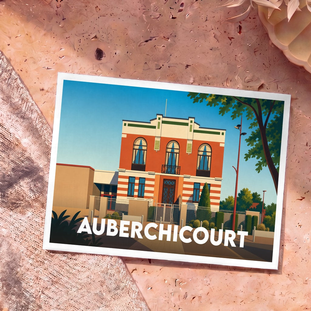 Carte postale souvenir de la ville d'Auberchicourt illustrant son hôtel de ville avec un style graphique épuré.