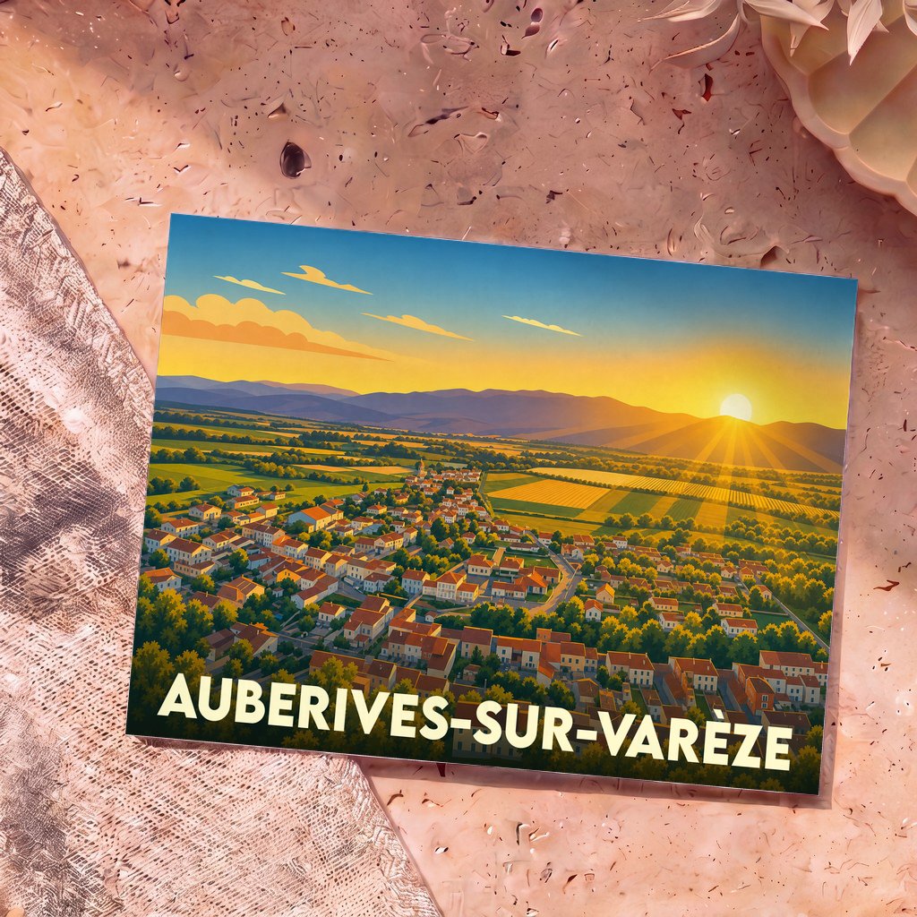 Carte postale souvenir de la ville d'Auberives-sur-Varèze avec une illustration stylisée d'un coucher de soleil sur la commune.