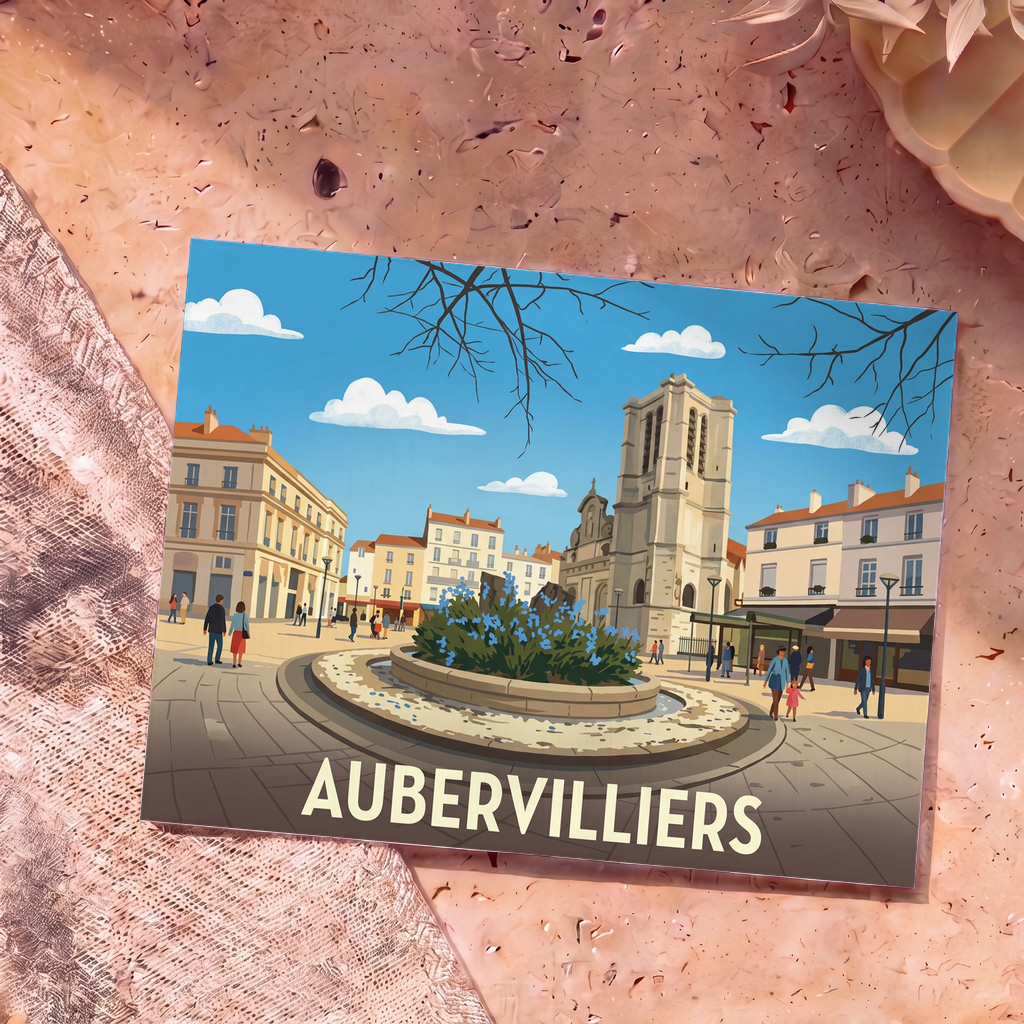 Carte postale souvenir de la ville d'Aubervilliers avec une illustration stylisée de sa place centrale et de son église.