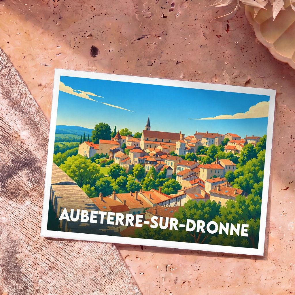 Carte postale souvenir de la ville de Aubeterre-sur-Dronne avec une illustration colorée et stylisée du village.