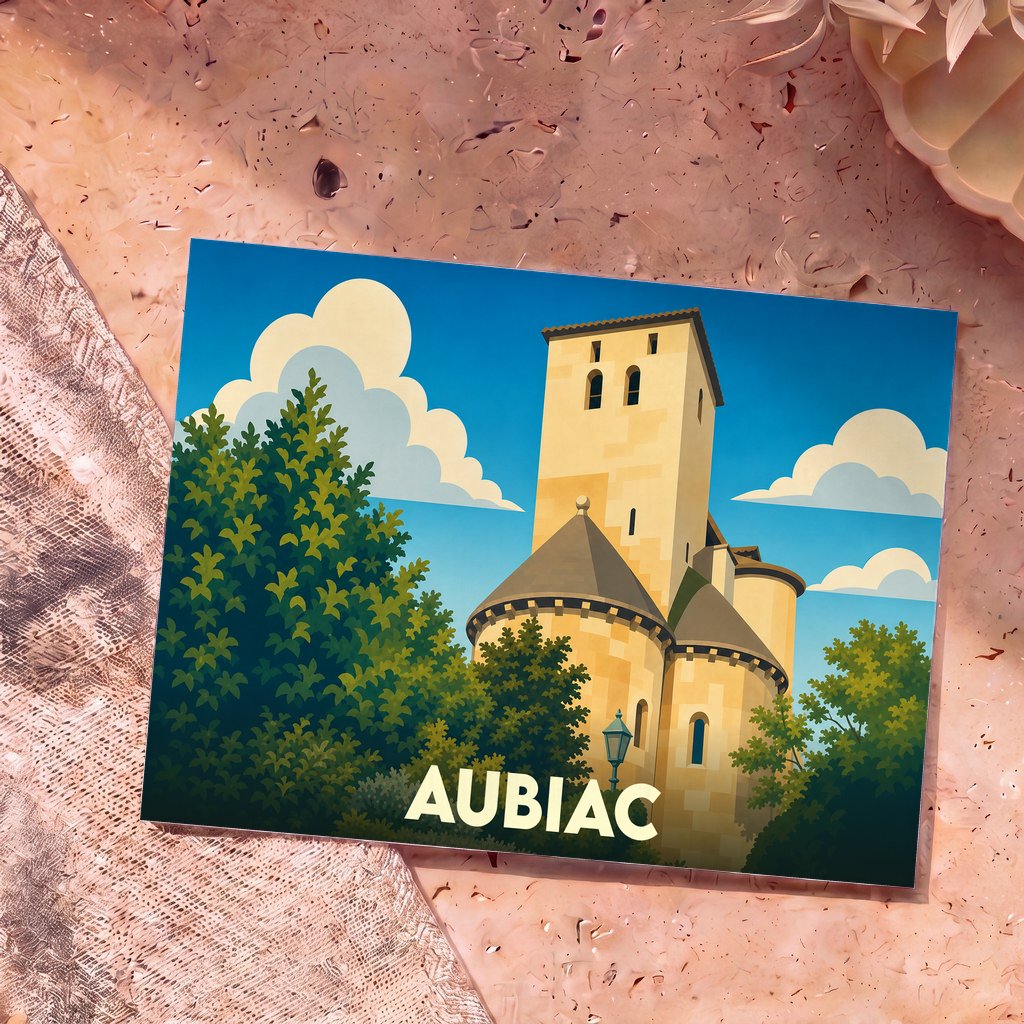 Carte postale souvenir de la ville d'Aubiac avec une illustration stylisée de son église fortifiée.