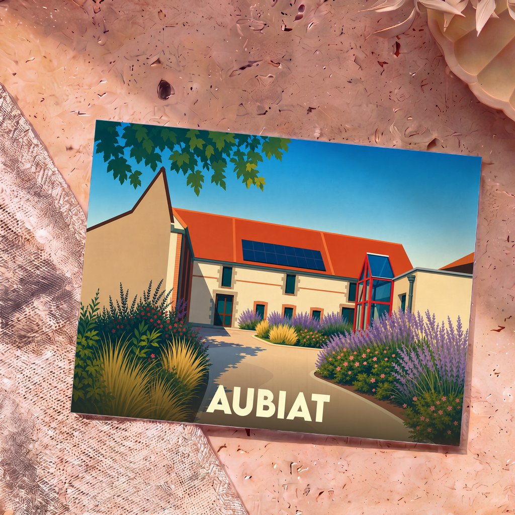 Carte postale souvenir de la ville d'Aubiat avec une illustration stylisée et colorée de son architecture.