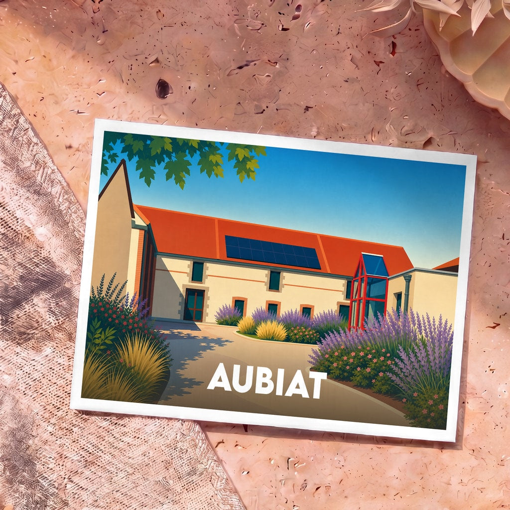 Carte postale souvenir de la ville d'Aubiat avec une illustration stylisée et colorée de son architecture.
