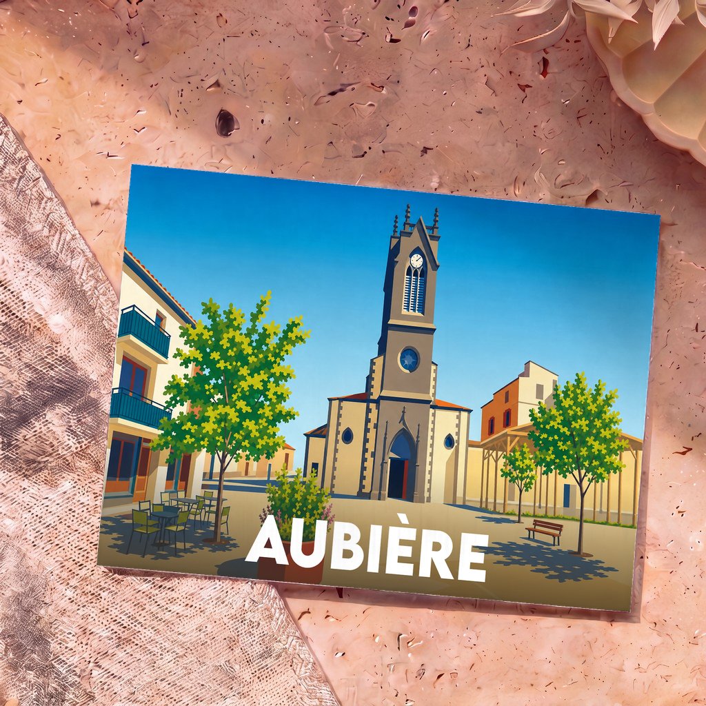 Carte postale souvenir de la ville d'Aubière avec une illustration stylisée de sa place centrale et de son église.