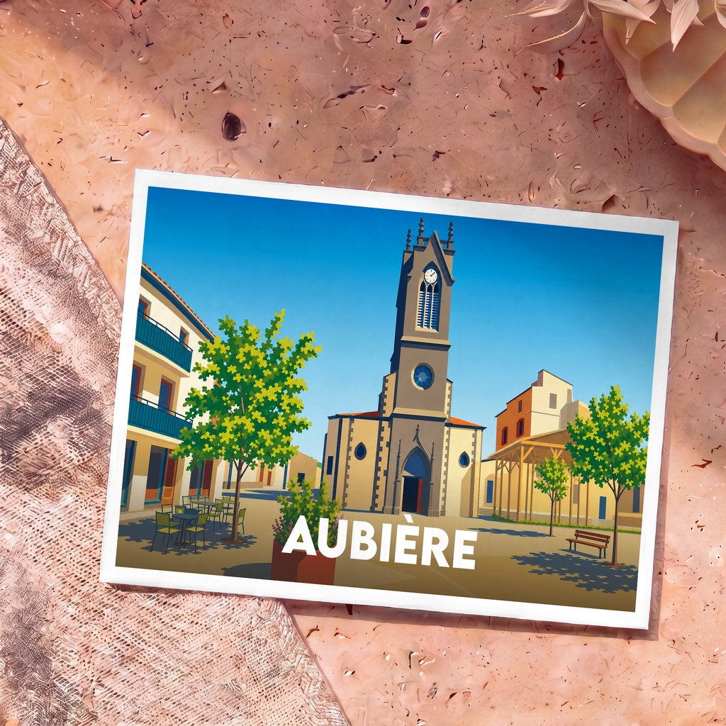 Carte postale souvenir de la ville d'Aubière avec une illustration stylisée de sa place centrale et de son église.