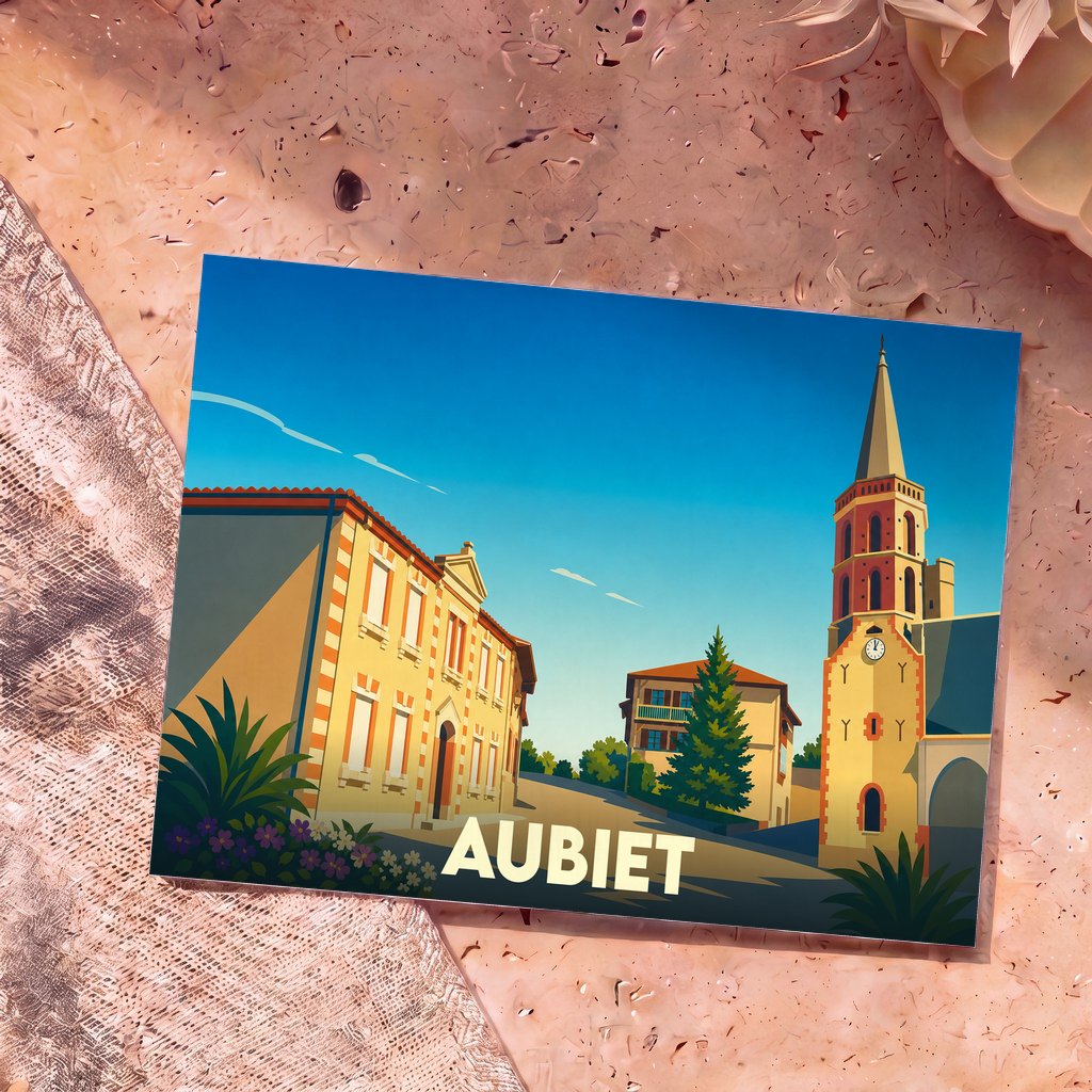 Carte postale souvenir de la ville d'Aubiet avec une illustration stylisée et colorée de son architecture.