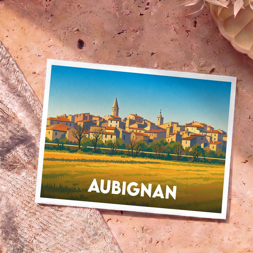 Carte postale souvenir de la ville d'Aubignan avec une illustration stylisée de son paysage urbain provençal.