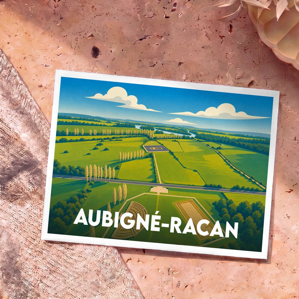 Carte postale souvenir de la ville d’Aubigné-Racan illustrée par un paysage stylisé aux couleurs vibrantes.