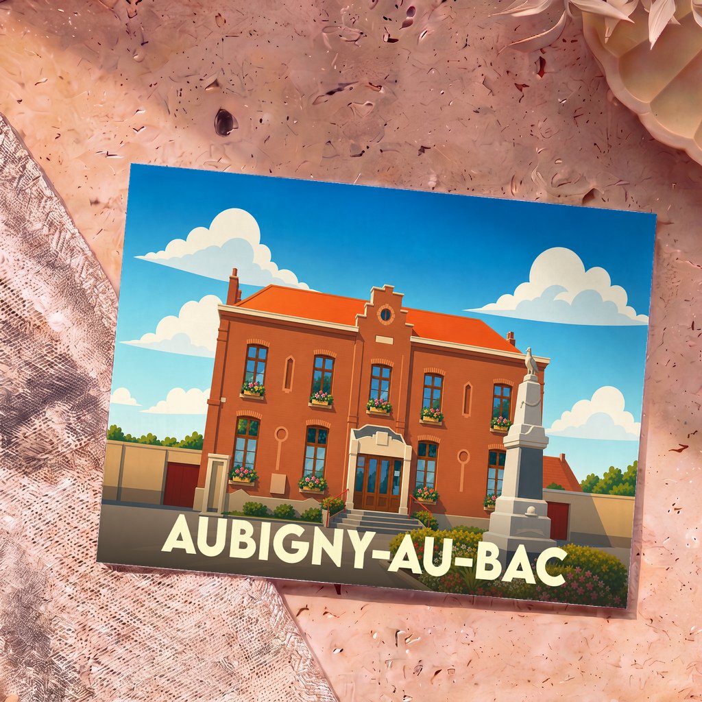 Carte postale souvenir d'Aubigny-au-Bac avec une illustration stylisée de la mairie et de son monument.