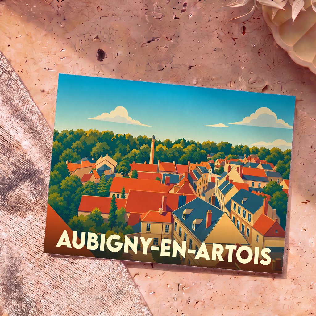 Carte postale souvenir d'Aubigny-en-Artois illustrée par une vue panoramique stylisée de la ville et de ses toits.