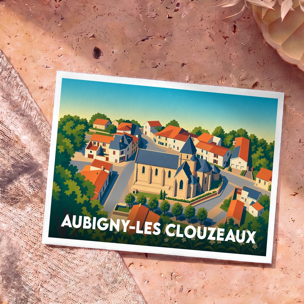 Carte postale souvenir de la ville d'Aubigny-Les Clouzeaux avec une illustration stylisée du centre-bourg en vue aérienne.