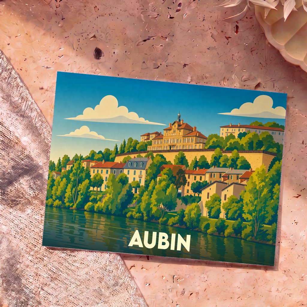 Carte postale souvenir de la ville d'Aubin avec une illustration stylisée de ses bâtiments en bord de l'eau.