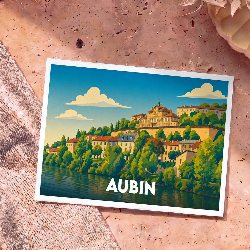 Carte postale souvenir de la ville d'Aubin avec une illustration stylisée de ses bâtiments en bord de l'eau.