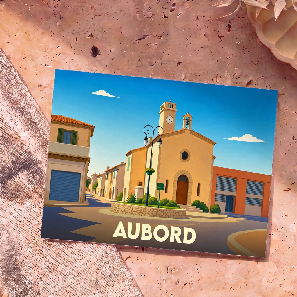 Carte postale souvenir de la ville d'Aubord avec une illustration stylisée d'une église et d'une place ensoleillée.