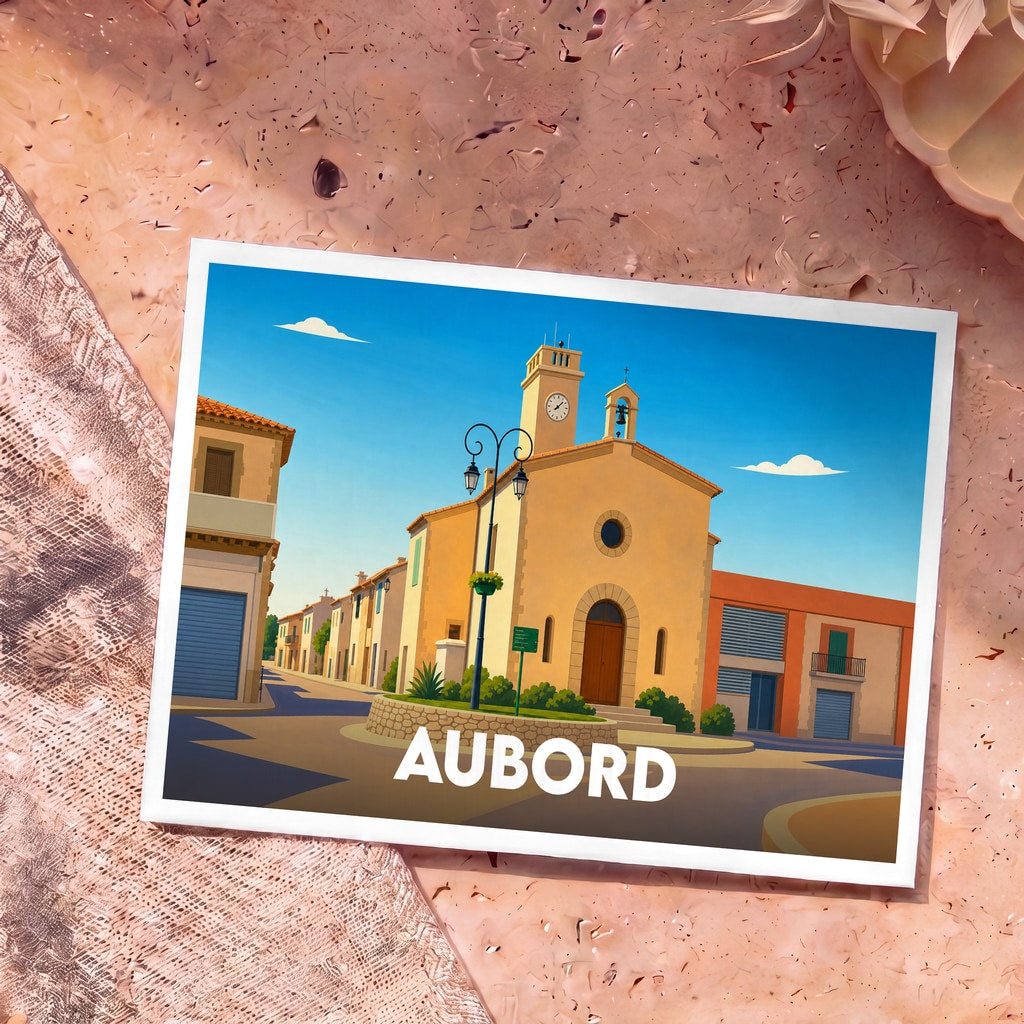 Carte postale souvenir de la ville d'Aubord avec une illustration stylisée d'une église et d'une place ensoleillée.