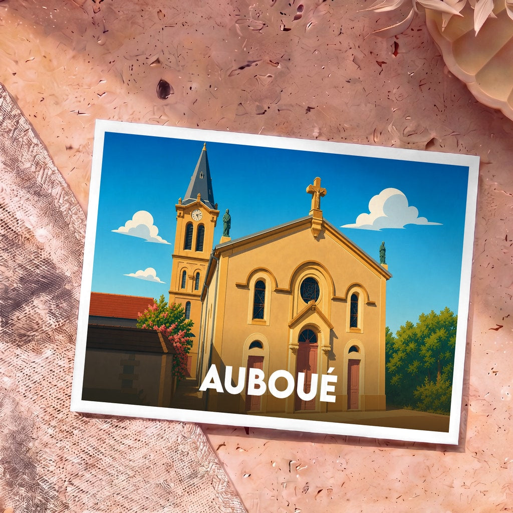Carte postale souvenir de la ville d'Auboué avec une illustration stylisée de son église sous un ciel bleu.