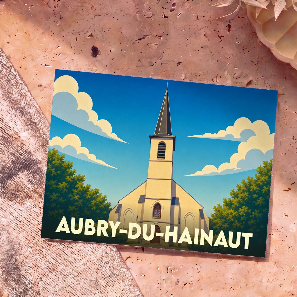 Carte postale souvenir de la ville d'Aubry-du-Hainaut avec une illustration stylisée de son église.
