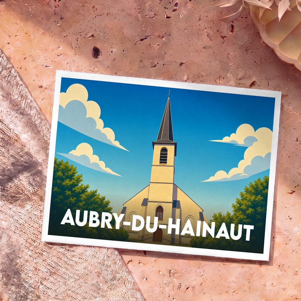 Carte postale souvenir de la ville d'Aubry-du-Hainaut avec une illustration stylisée de son église.