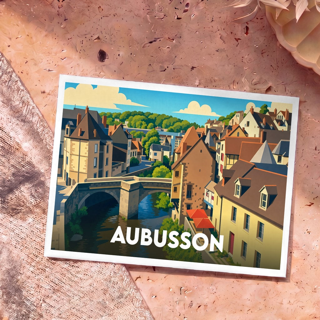 Carte postale souvenir de la ville d'Aubusson présentant une illustration stylisée de ses maisons médiévales et de son pont de pierre.