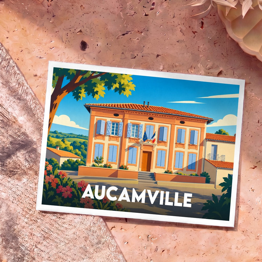 Carte postale souvenir de la ville d'Aucamville avec une illustration stylisée de sa mairie.