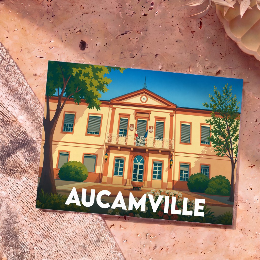 Carte postale souvenir de la ville de Aucamville avec une illustration stylisée de sa mairie.
