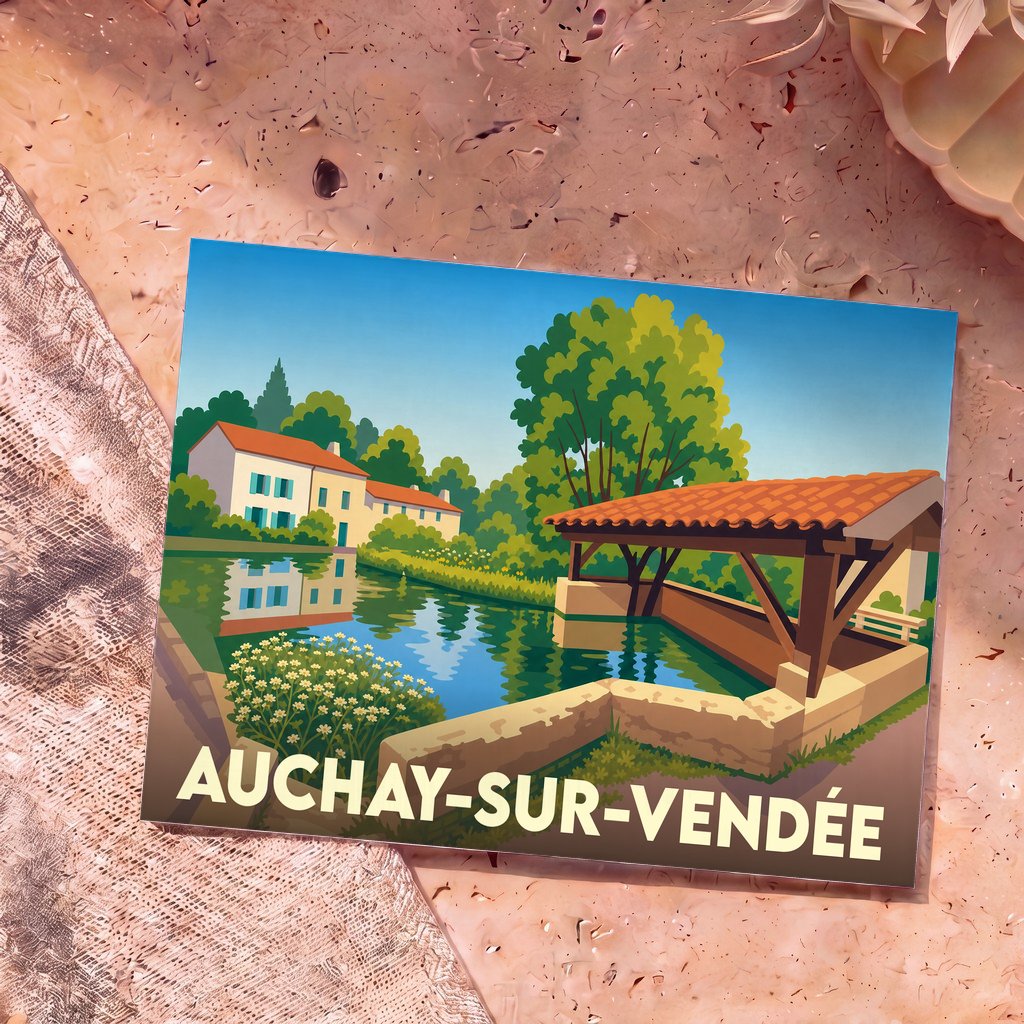 Carte postale souvenir de la ville de Auchay-sur-Vendée avec une illustration stylisée de son lavoir historique.