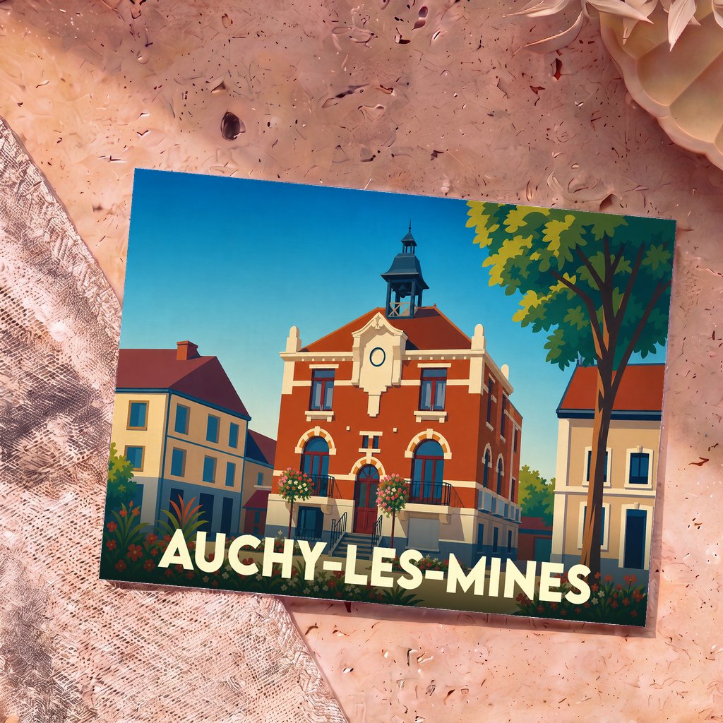 Carte postale souvenir de la ville de Auchy-les-Mines avec une illustration stylisée de son hôtel de ville.