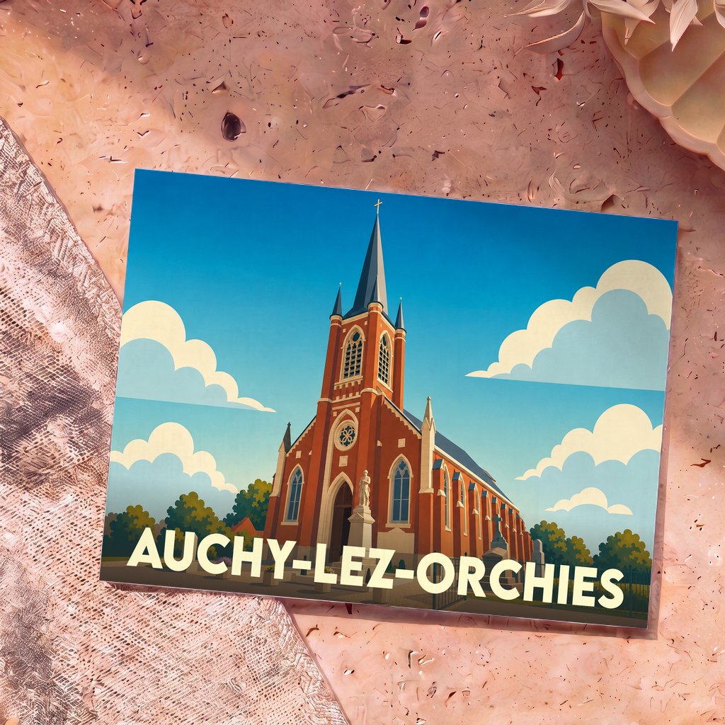 Carte postale souvenir de la ville de Auchy-lez-Orchies représentant une église illustrée dans un style graphique épuré.