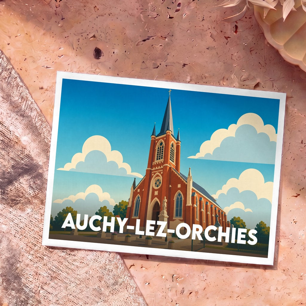 Carte postale souvenir de la ville de Auchy-lez-Orchies représentant une église illustrée dans un style graphique épuré.