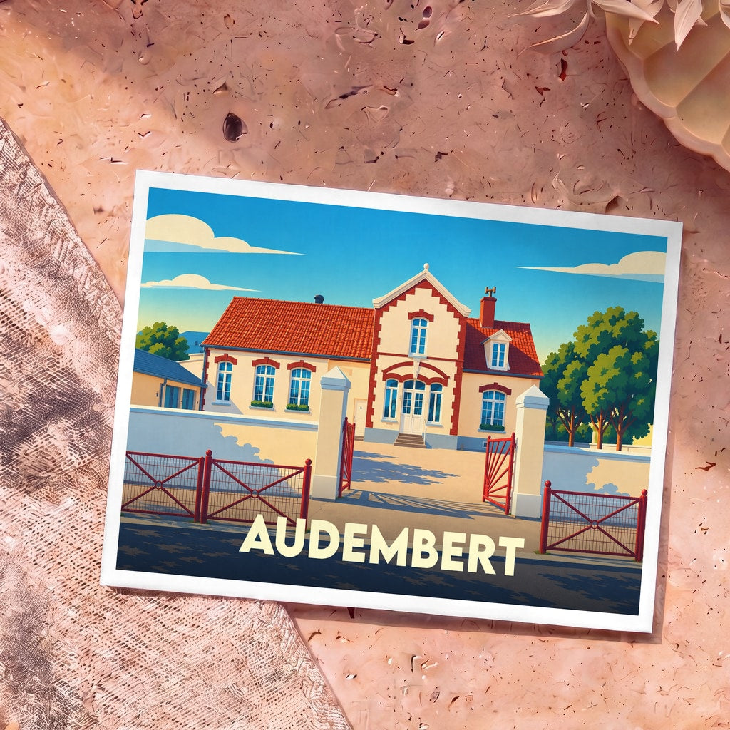 Carte postale souvenir de la ville d'Audembert avec une illustration stylisée d'un bâtiment traditionnel.