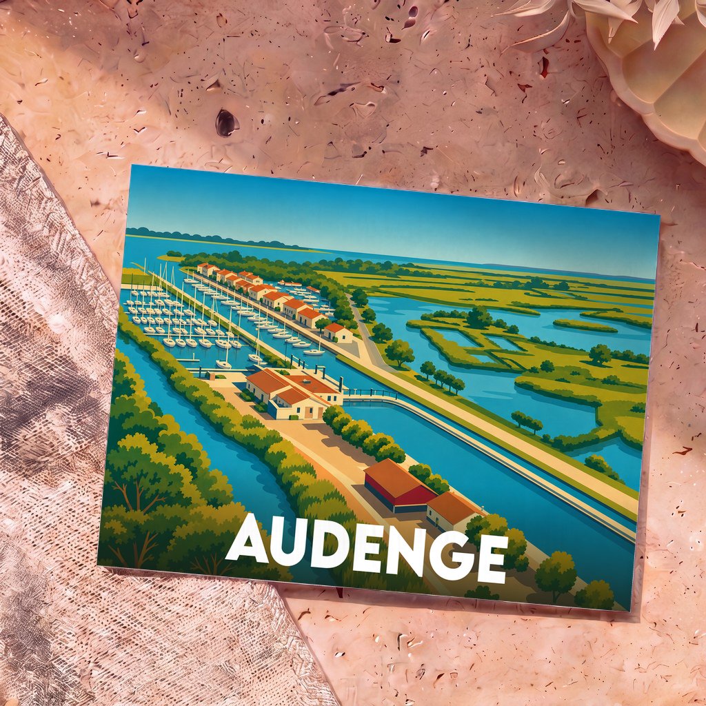 Carte postale souvenir de la ville d'Audenge avec une illustration stylisée de son port et de ses marais.