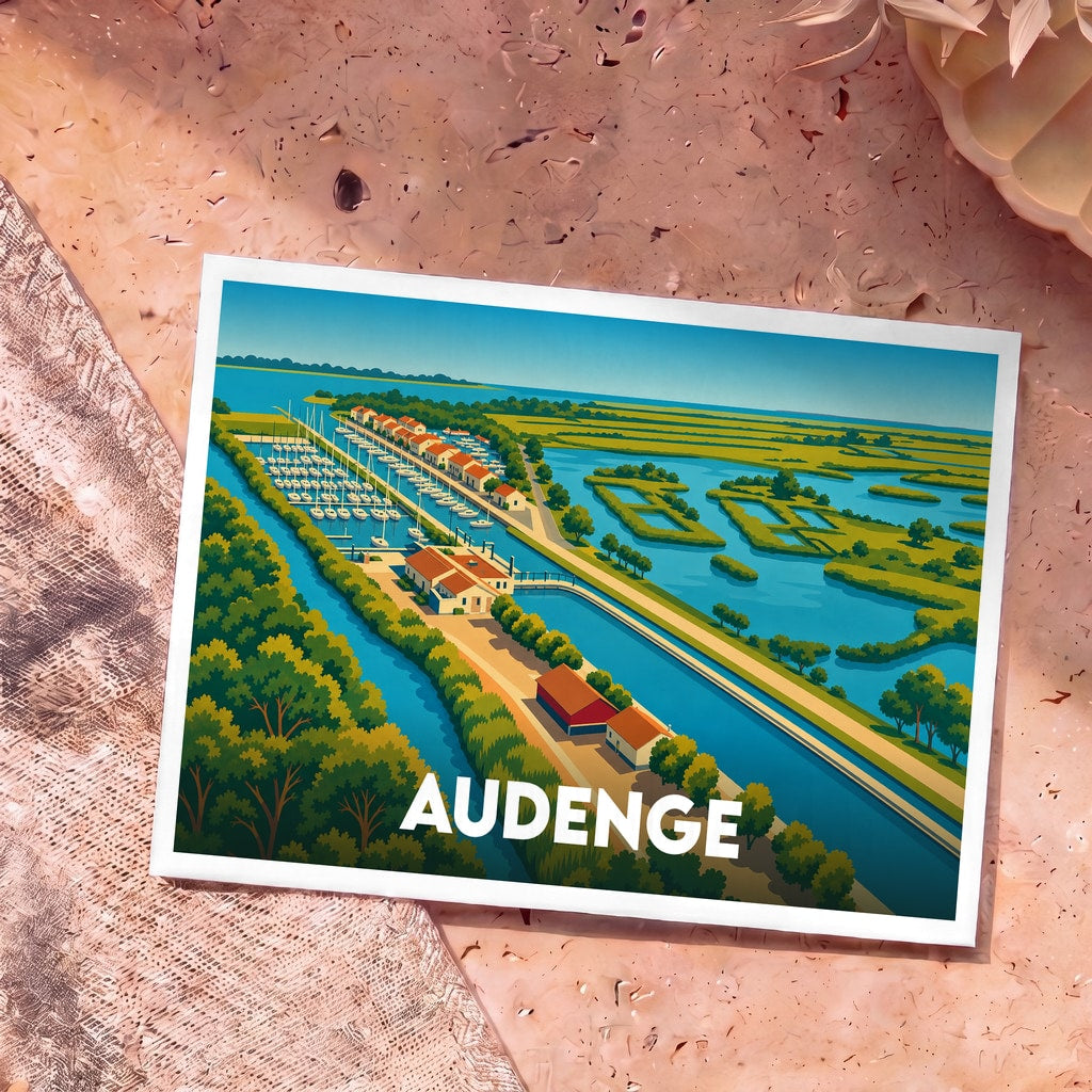 Carte postale souvenir de la ville d'Audenge avec une illustration stylisée de son port et de ses marais.