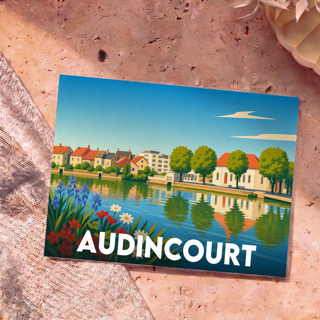 Carte postale souvenir de la ville d'Audincourt avec une illustration colorée et stylisée d'un paysage urbain au bord de l'eau.