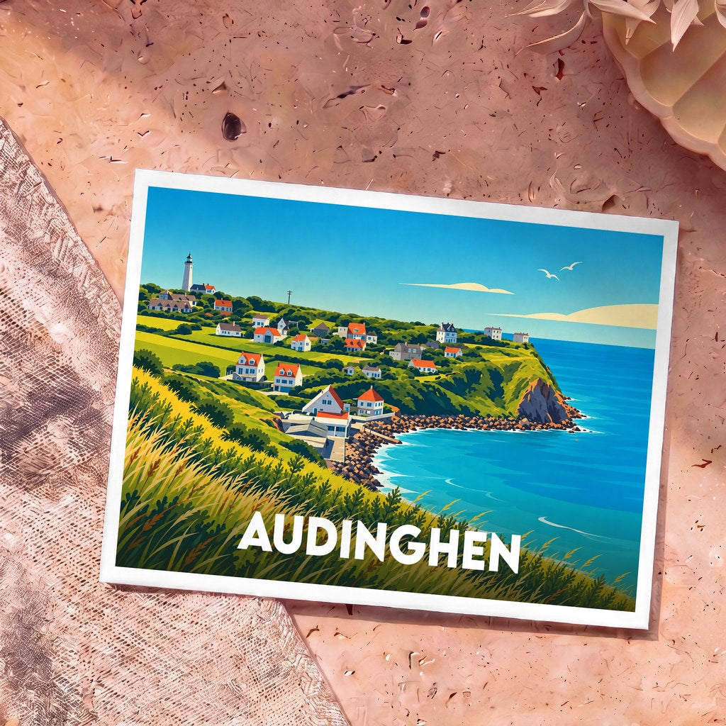 Carte postale souvenir de la ville d'Audinghen avec une illustration stylisée de son littoral et de son phare.