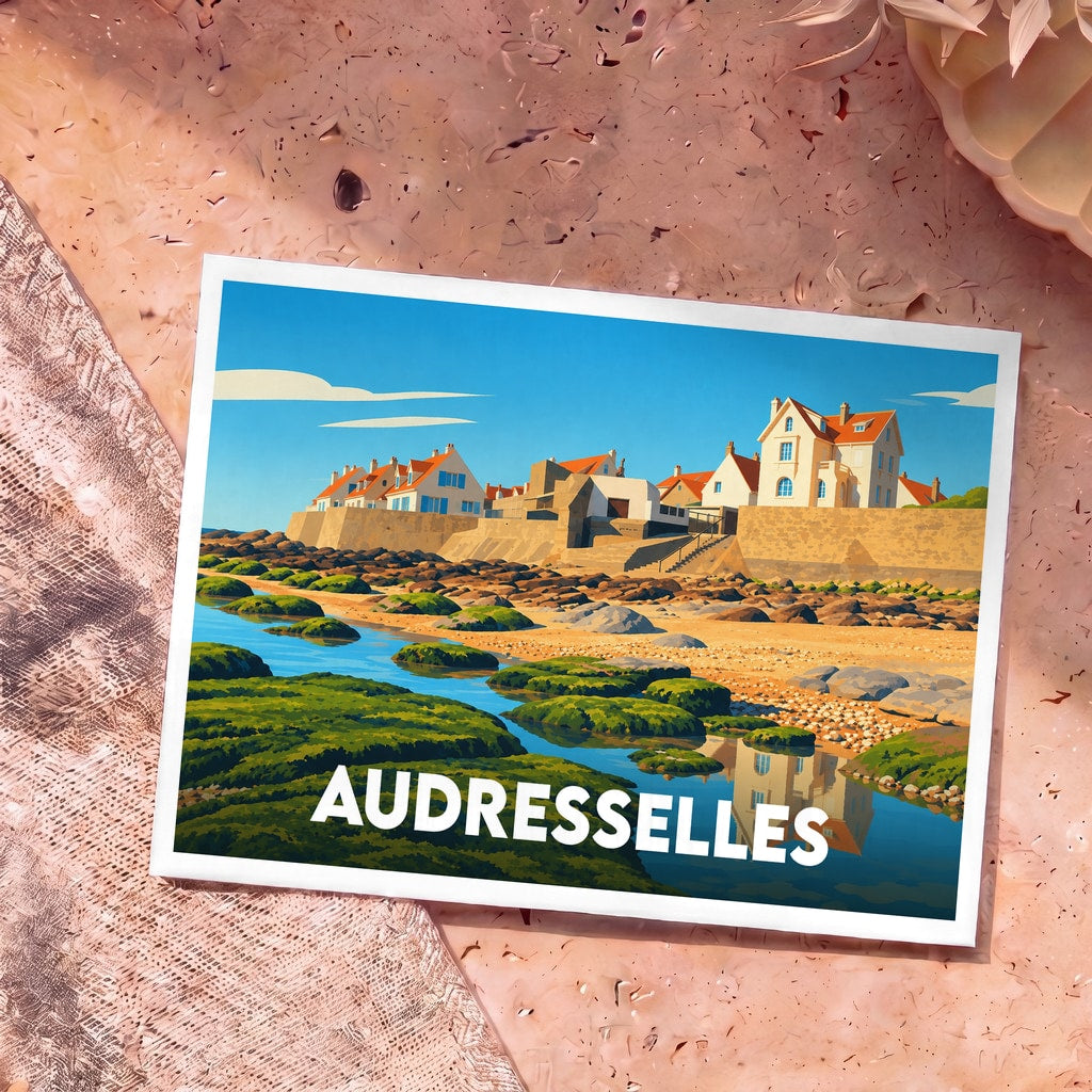 Carte postale souvenir de la ville d'Audresselles avec une illustration stylisée de son front de mer et de sa plage.