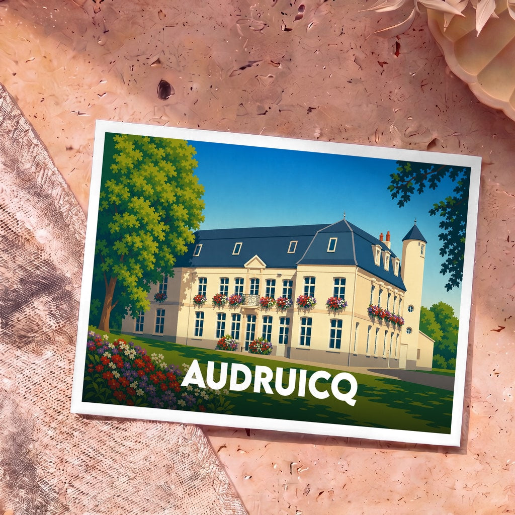 Carte postale souvenir de la ville d'Audruicq illustrant son hôtel de ville fleuri dans un style graphique épuré.