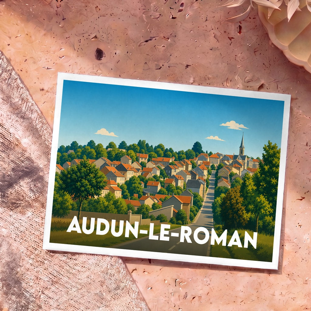 Carte postale souvenir de la ville d'Audun-le-Roman avec une illustration stylisée.