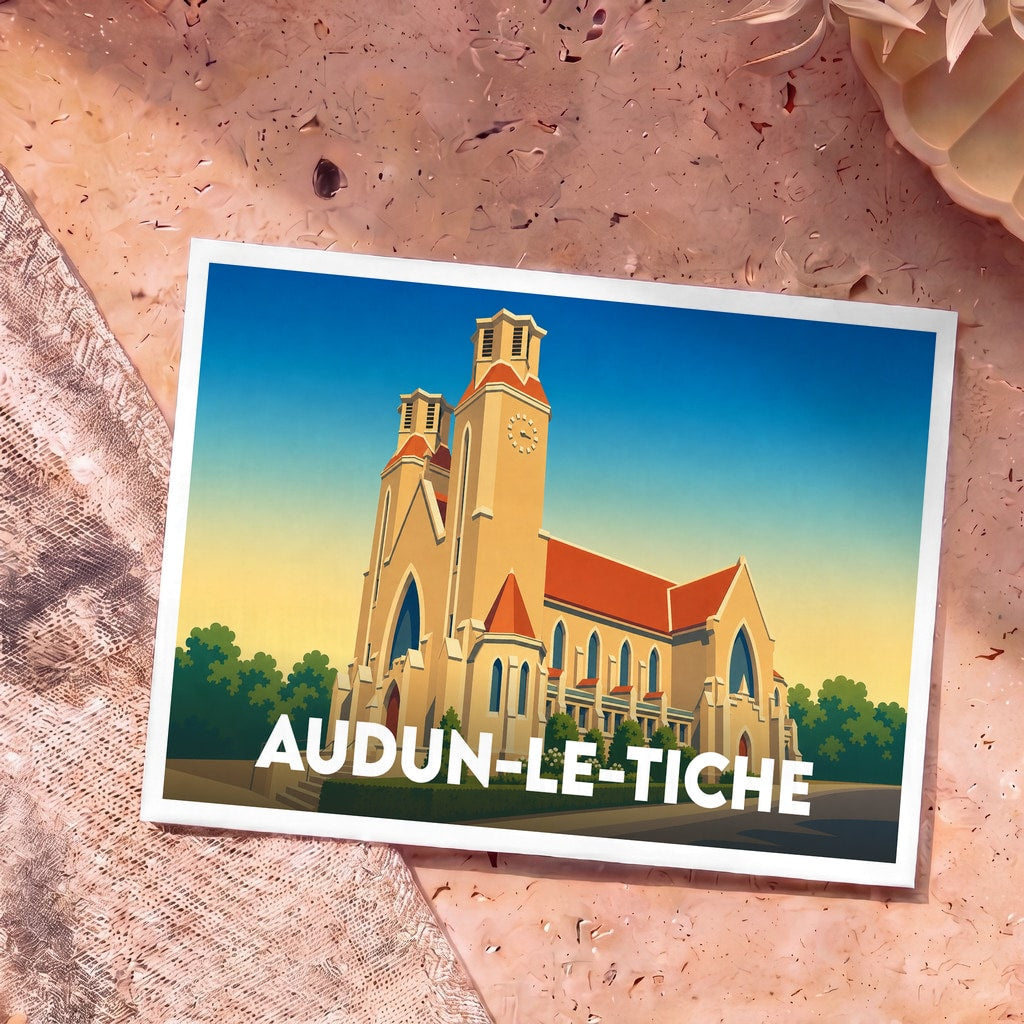 Carte postale souvenir de la ville de Audun-le-Tiche avec une illustration stylisée de son église.