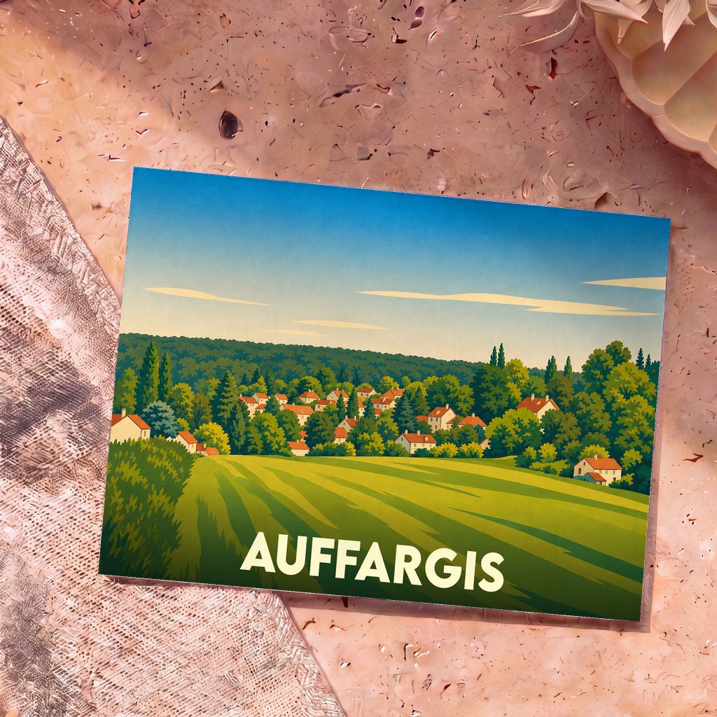 Carte postale souvenir de la ville d'Auffargis avec une illustration stylisée d'un village niché dans une vallée verdoyante.