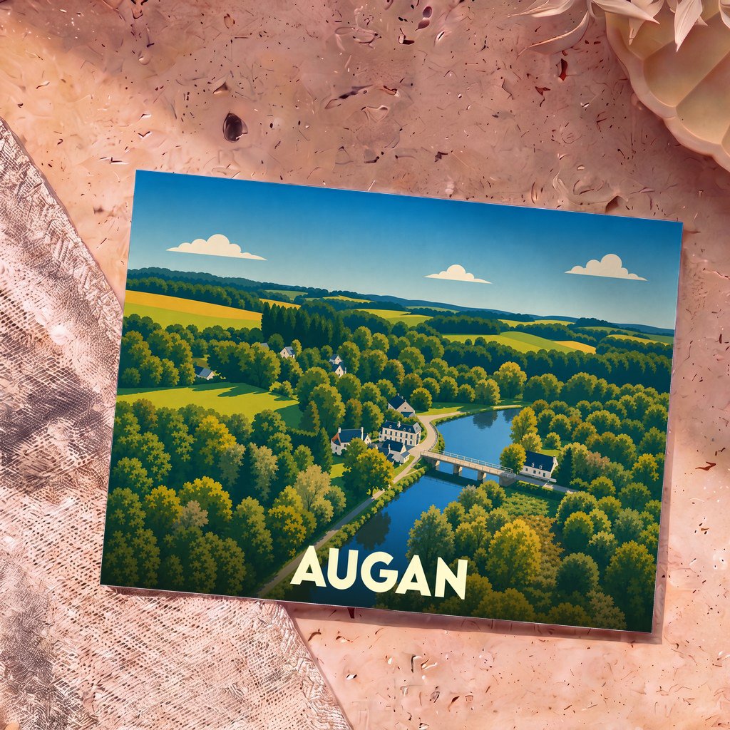 Carte postale souvenir de la ville d'Augan illustrant un paysage verdoyant et boisé traversé par une rivière.
