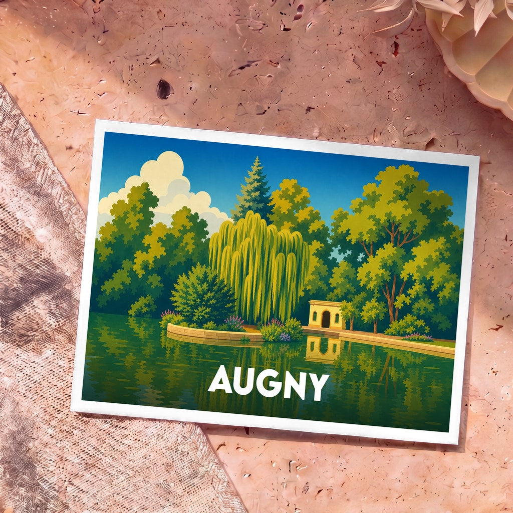 Carte postale souvenir de la ville d'Augny avec une illustration stylisée d'un parc au bord de l'eau.