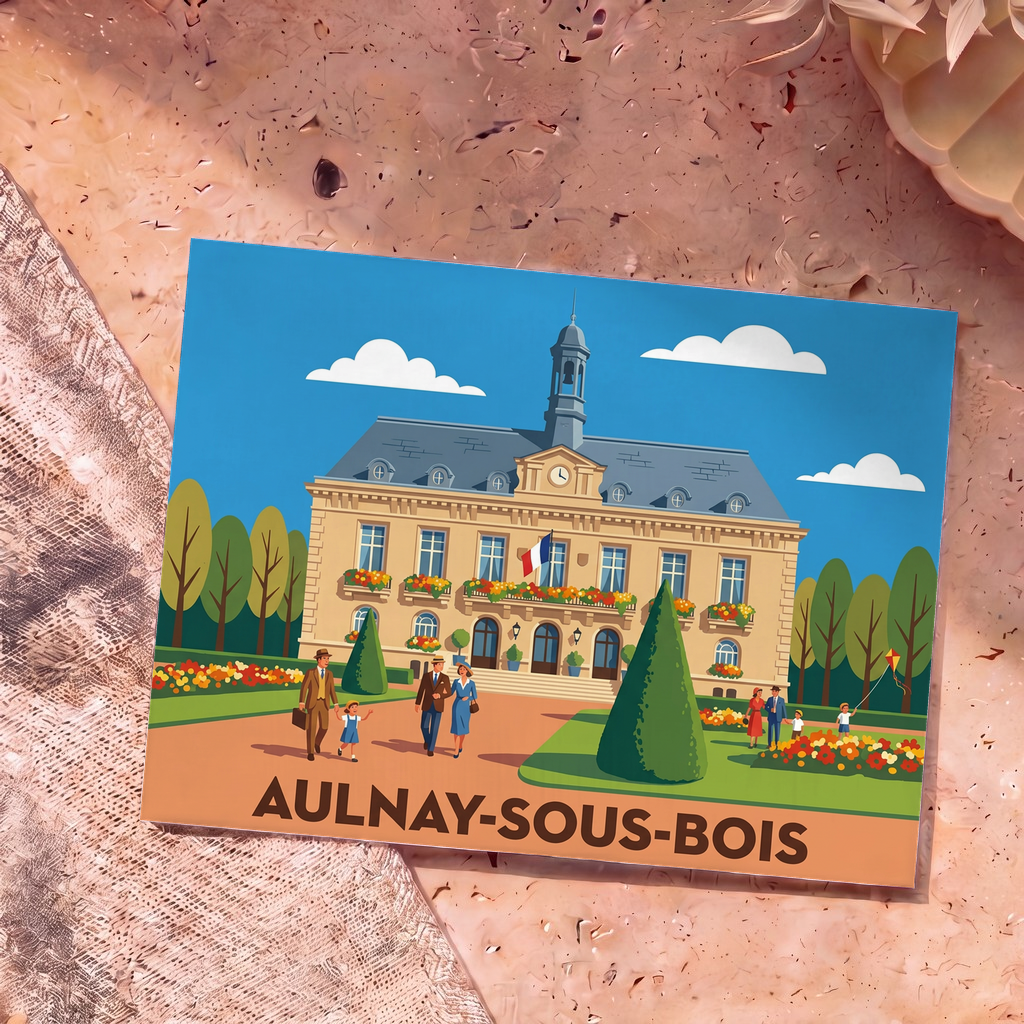 Carte postale souvenir de la ville d'Aulnay-sous-Bois illustrant son hôtel de ville dans un style rétro.