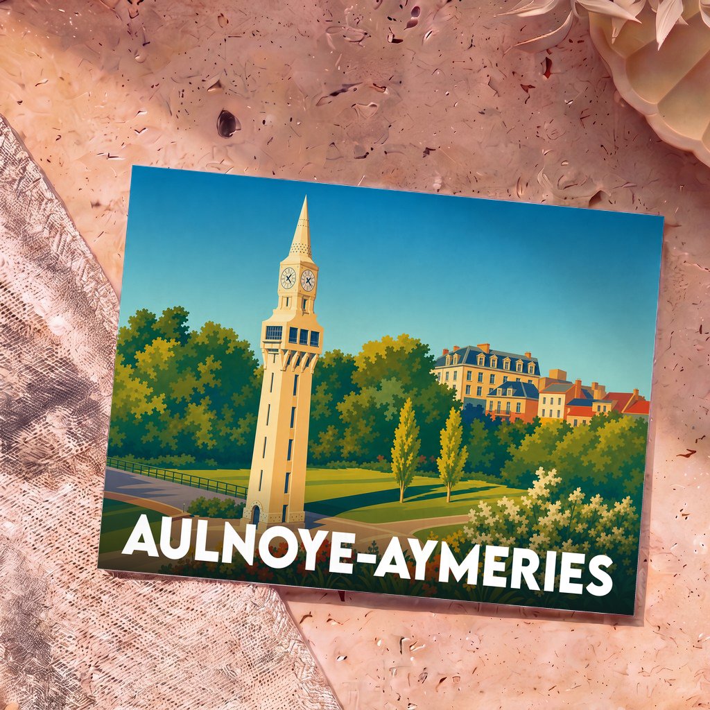 Carte postale souvenir de la ville d'Aulnoye-Aymeries illustrant son château d'eau emblématique dans un style graphique épuré.